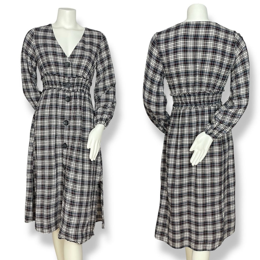 Zara Plaid Dress Shirred Smocked Long Sleeve V-Neck‎ Midi Women Size Medium